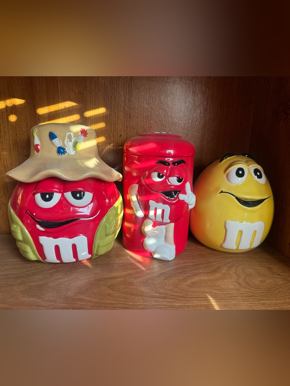 M&M'S fisher men + Red Character Ceramic Treat Jar + yellow M&M collectables